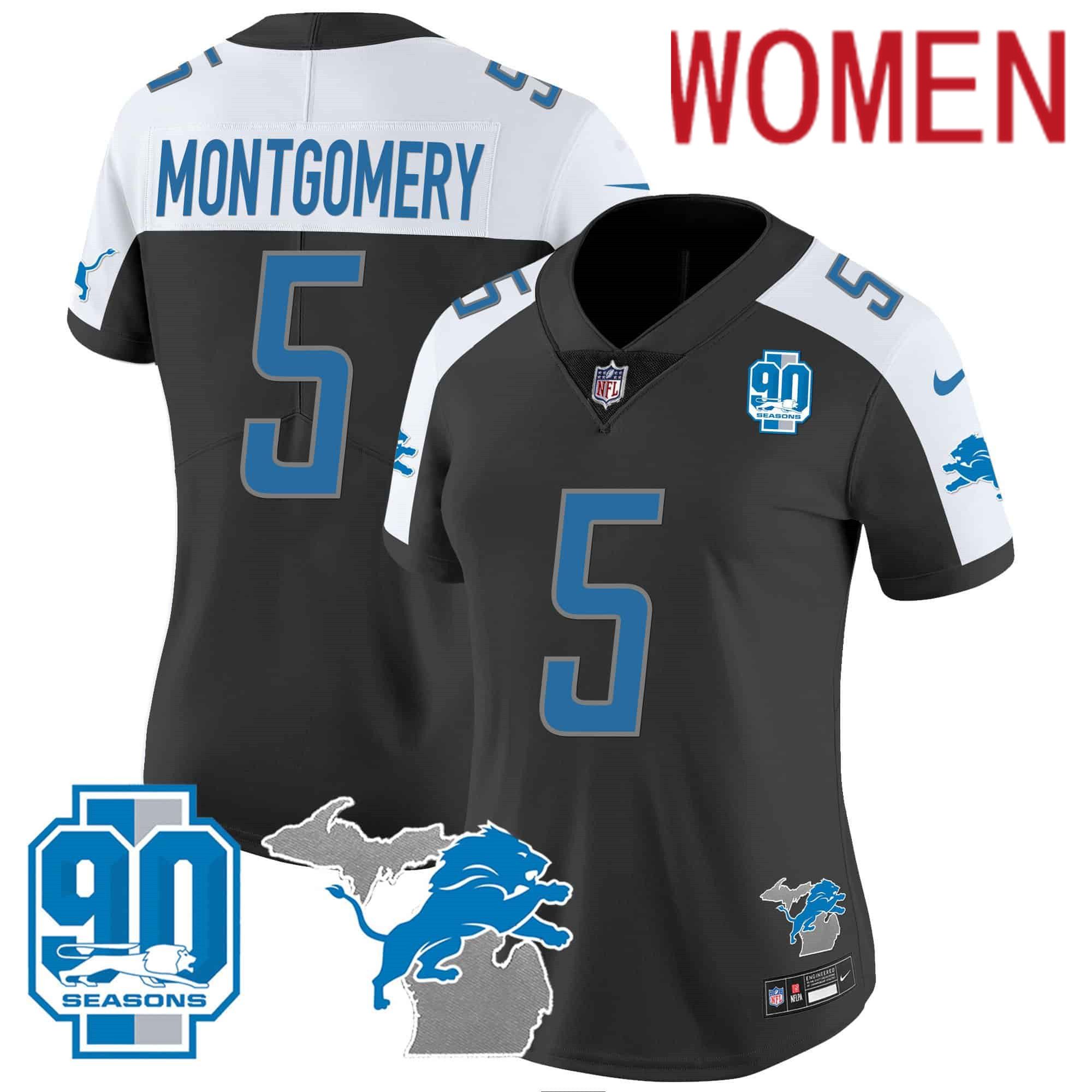 Women Detroit Lions 5 Montgomery Black 2024 Nike 90th Year Michigan Patch Vapor NFL Jersey